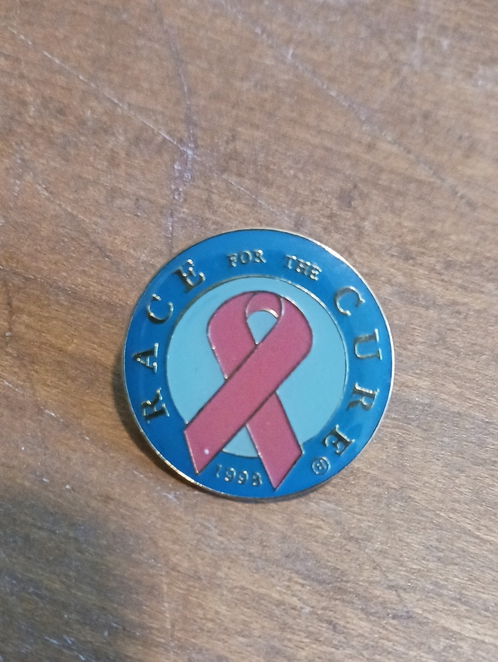 Race for the Cure Pink Ribbon Enamel Lapel Pin - Blue Background